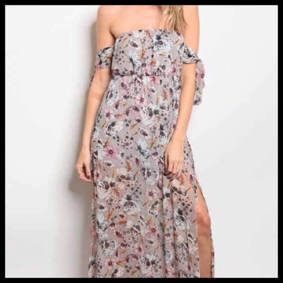 OFF THE SHOULDER MAXI DRESS WHITE & PINK FLOWERS - Picture 2 of 3
